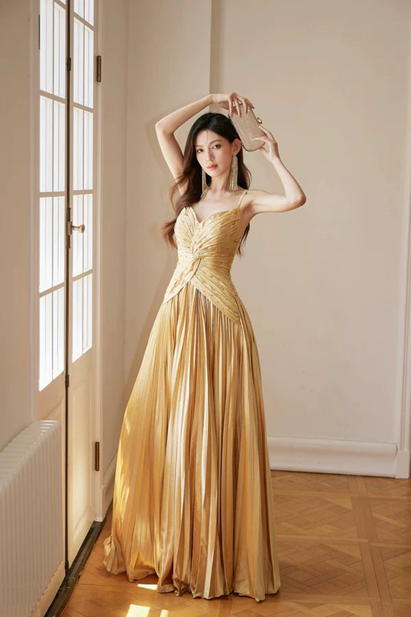 Wholesale Gold Satin Long Backless Prom Dress A-Line Spaghetti Strap Evening Party Dress