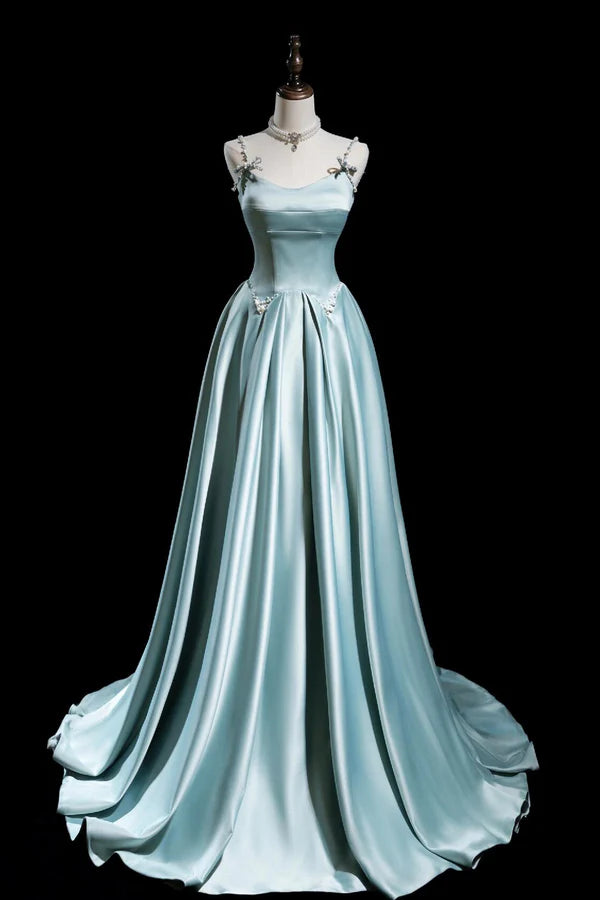 Wholesale Cute Satin Long A-Line Prom Dress Ice Blue Spaghetti Straps Evening Dress