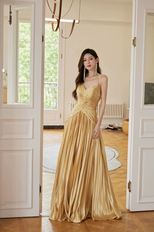 Wholesale Gold Satin Long Backless Prom Dress A-Line Spaghetti Strap Evening Party Dress