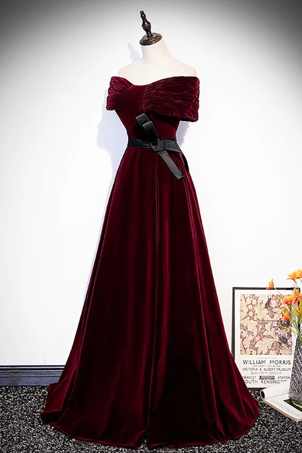 Wholesale Burgundy Velvet Floor Length Prom Dress Elegant Off the Shoulder Party Dress