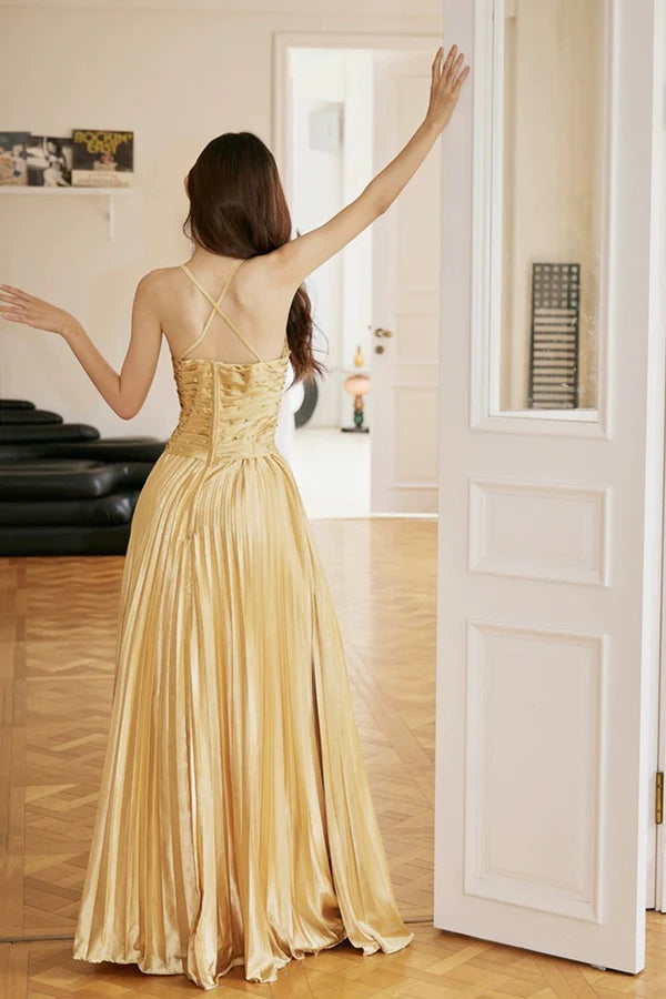 Wholesale Gold Satin Long Backless Prom Dress A-Line Spaghetti Strap Evening Party Dress