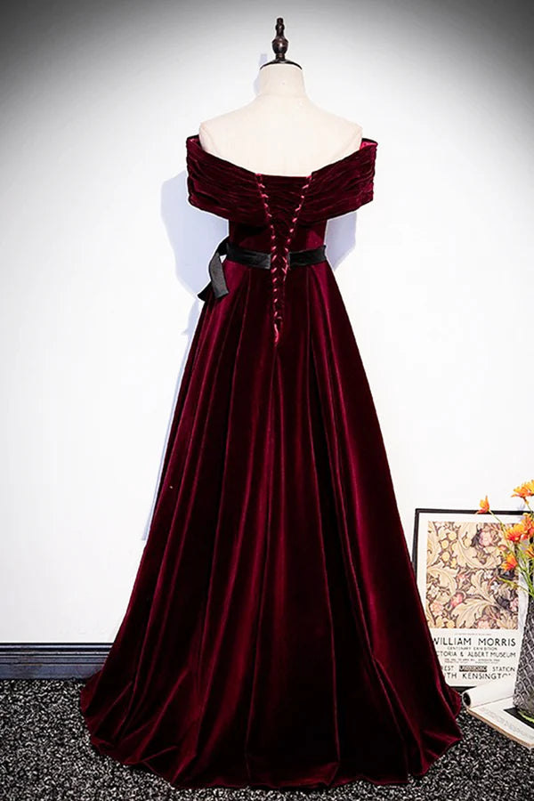 Wholesale Burgundy Velvet Floor Length Prom Dress Elegant Off the Shoulder Party Dress