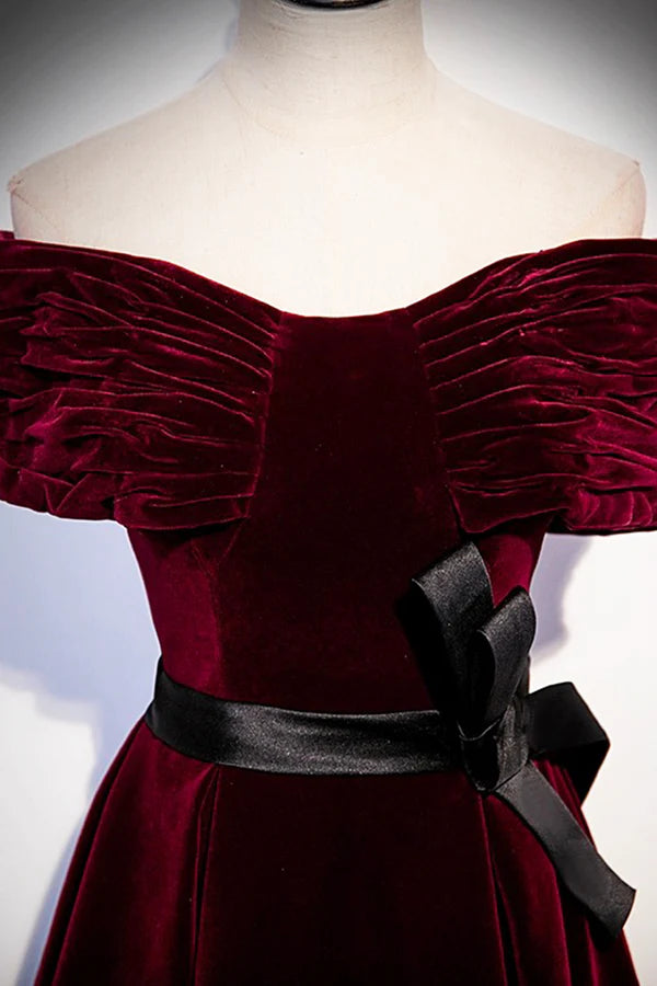 Wholesale Burgundy Velvet Floor Length Prom Dress Elegant Off the Shoulder Party Dress