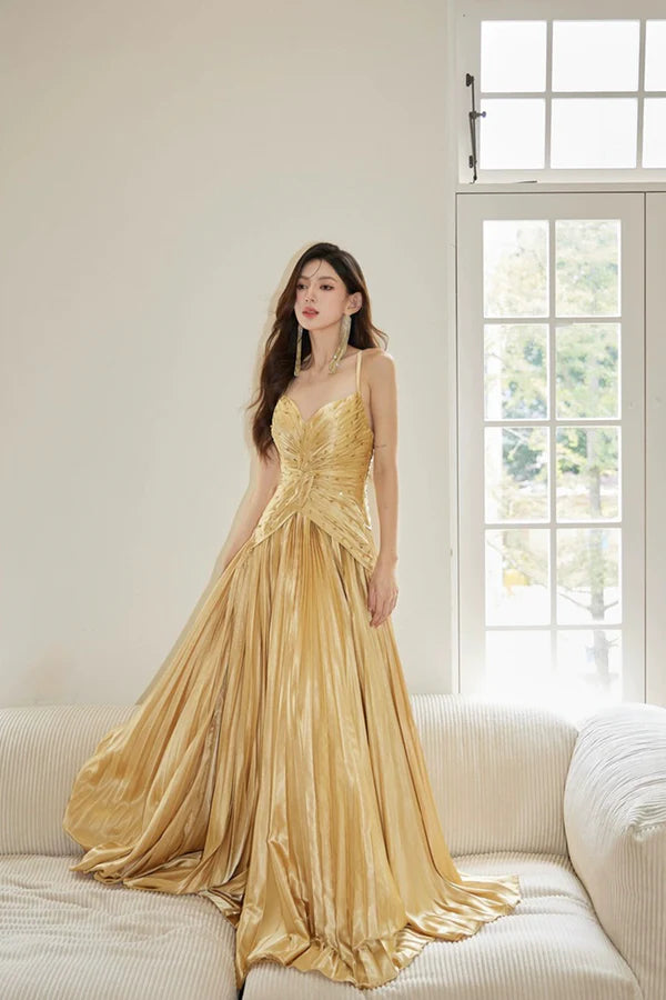 Wholesale Gold Satin Long Backless Prom Dress A-Line Spaghetti Strap Evening Party Dress