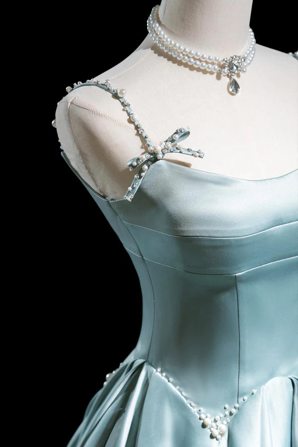 Wholesale Cute Satin Long A-Line Prom Dress Ice Blue Spaghetti Straps Evening Dress