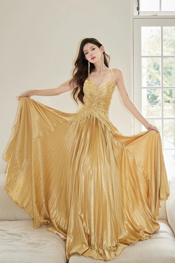 Wholesale Gold Satin Long Backless Prom Dress A-Line Spaghetti Strap Evening Party Dress