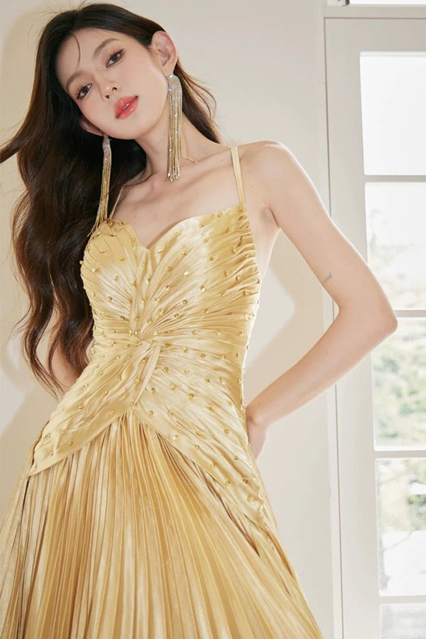 Wholesale Gold Satin Long Backless Prom Dress A-Line Spaghetti Strap Evening Party Dress