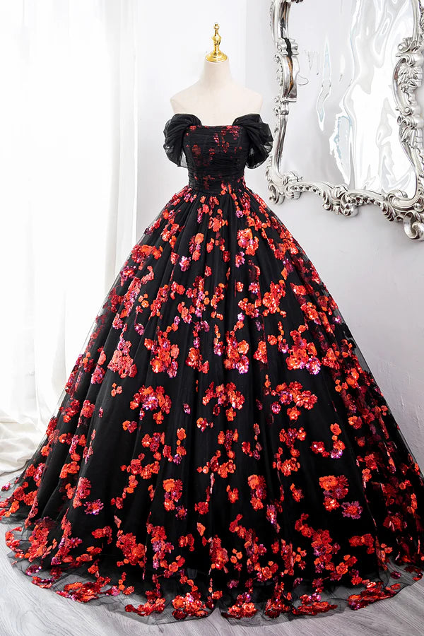 Wholesale Black Tulle and Red Sequins Long Formal Dress Off the Shoulder Evening Dress