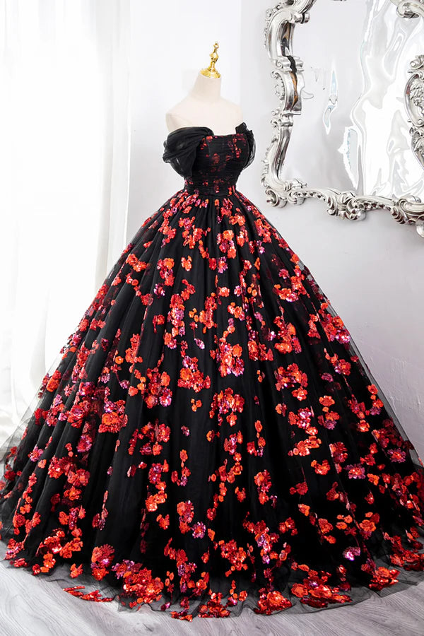 Wholesale Black Tulle and Red Sequins Long Formal Dress Off the Shoulder Evening Dress