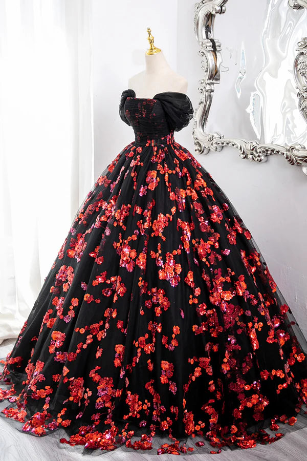 Wholesale Black Tulle and Red Sequins Long Formal Dress Off the Shoulder Evening Dress