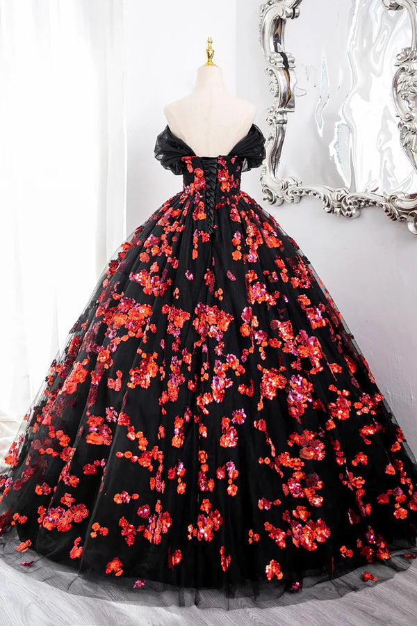 Wholesale Black Tulle and Red Sequins Long Formal Dress Off the Shoulder Evening Dress