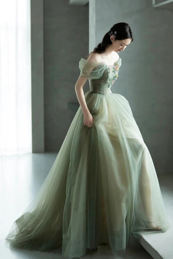 Wholesale Beautiful Tulle Flowers Long Prom Dress Green A-Line Formal Evening Dress