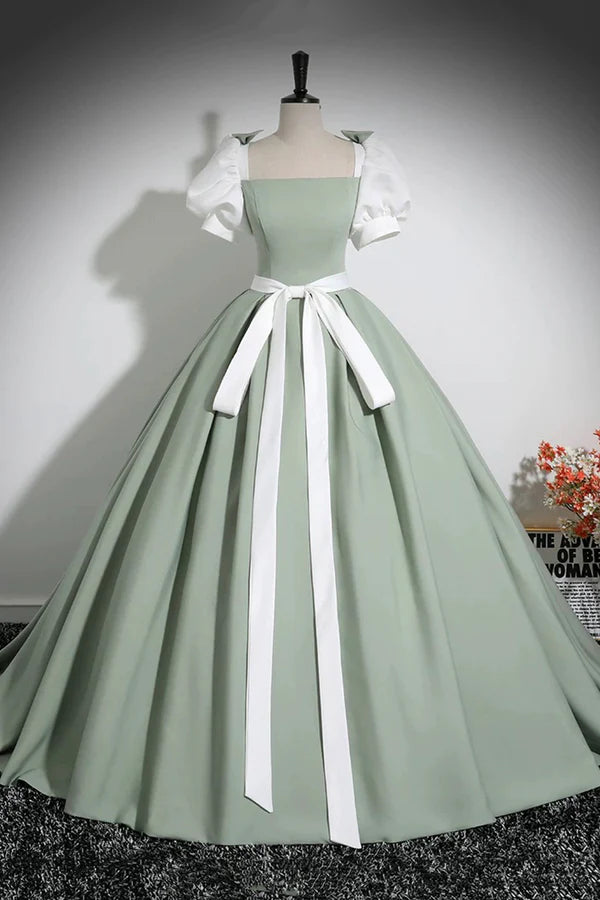 Wholesale White and Green Floor Length Prom Dress Lovely A-Line Short Sleeve Evening Party Dress