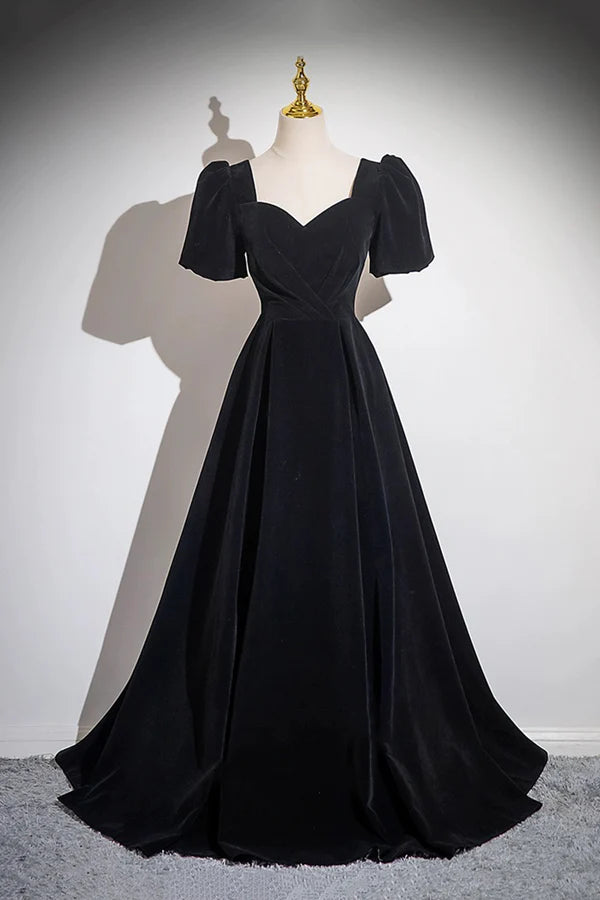 Wholesale Black Velvet Floor Length Prom Dress A-Line Short Sleeve Evening Party Dress