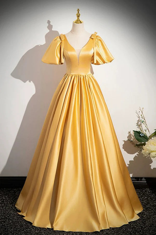 Wholesale Yellow V-Neck Satin Long Prom Dress Yellow A-Line Short Sleeve Evening Dress
