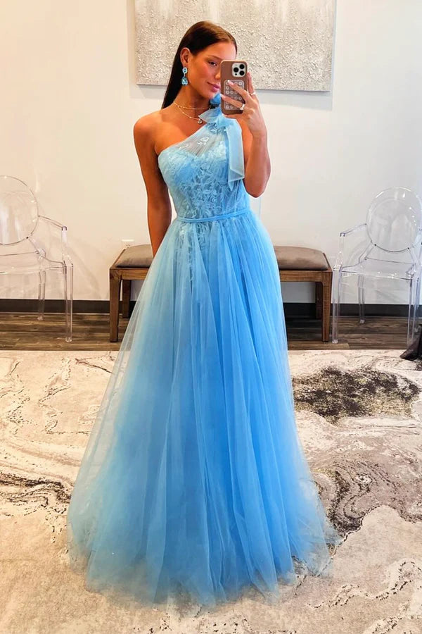 Wholesale Sky Blue Tull Lace Long Prom Dress Beautiful One Shoulder Evening Party Dress
