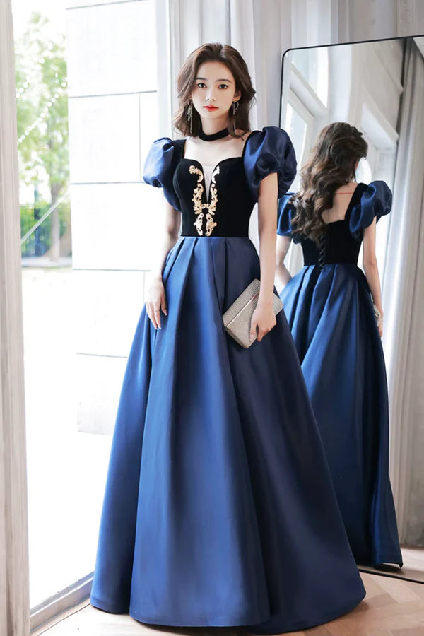 Wholesale Blue Velvet and Satin Floor Length Prom Dress Elegant Short Sleeve Evening Party Dress