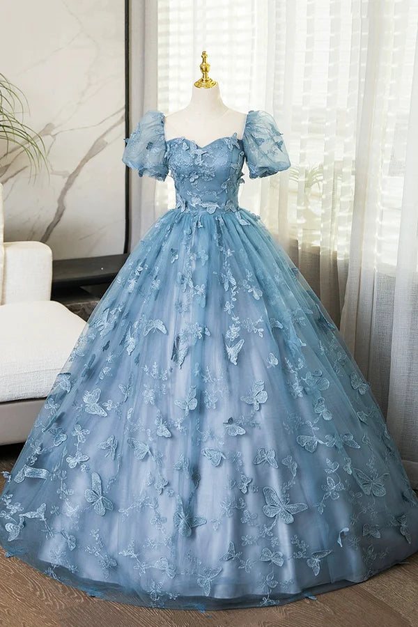 Wholesale Blue Tulle Long A-Line Prom Dress with Butterfly Lace Beautiful Short Sleeve Evening Dress