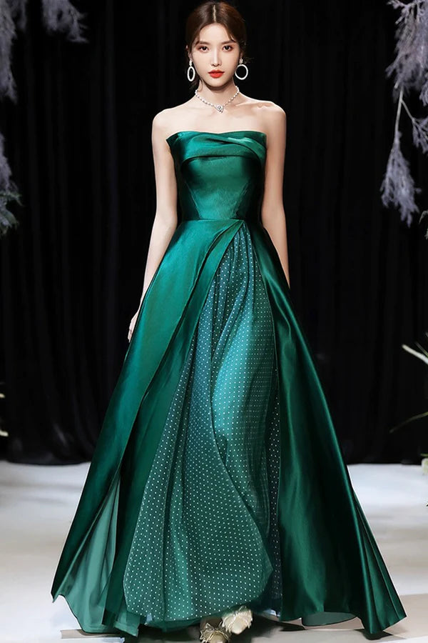 Wholesale Dark Green Satin Long Prom Dress Green A-Line Strapless Evening Dress