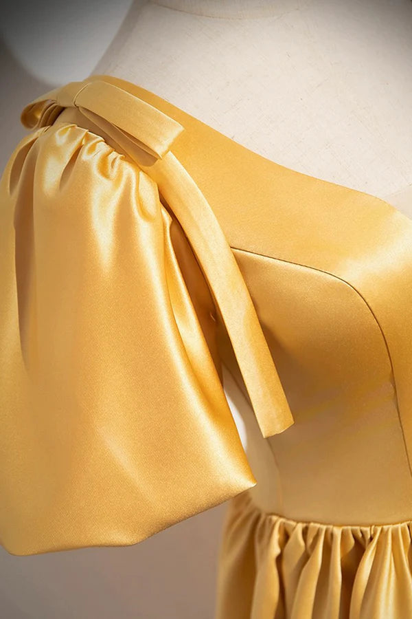 Wholesale Yellow V-Neck Satin Long Prom Dress Yellow A-Line Short Sleeve Evening Dress