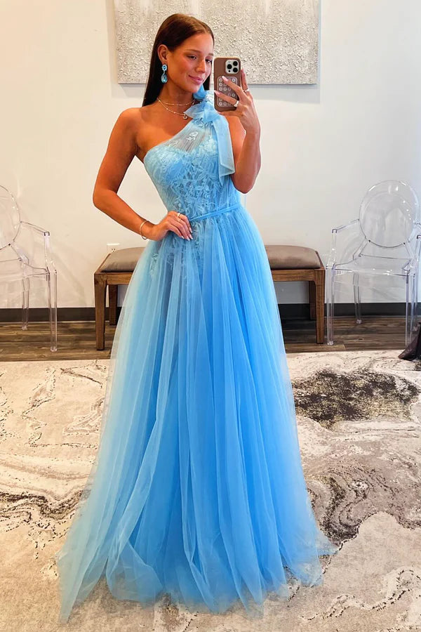 Wholesale Sky Blue Tull Lace Long Prom Dress Beautiful One Shoulder Evening Party Dress