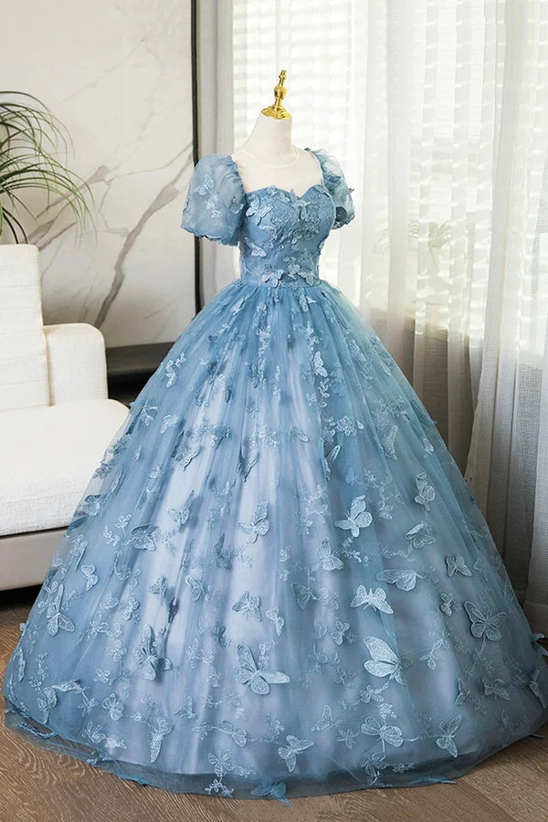 Wholesale Blue Tulle Long A-Line Prom Dress with Butterfly Lace Beautiful Short Sleeve Evening Dress