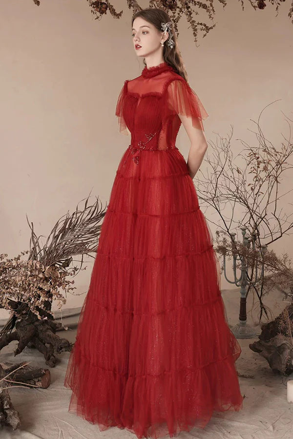 Wholesale Lovely Tulle Beaded Floor Length Prom Dress Beautiful Dark Red A-Line Evening Dress