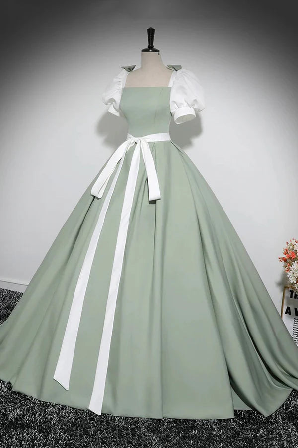 Wholesale White and Green Floor Length Prom Dress Lovely A-Line Short Sleeve Evening Party Dress