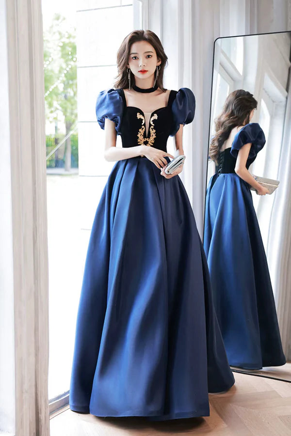 Wholesale Blue Velvet and Satin Floor Length Prom Dress Elegant Short Sleeve Evening Party Dress