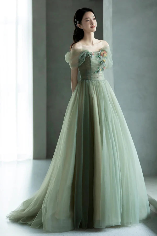 Wholesale Beautiful Tulle Flowers Long Prom Dress Green A-Line Formal Evening Dress