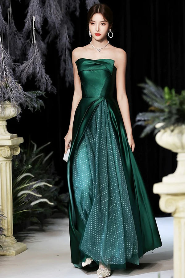 Wholesale Dark Green Satin Long Prom Dress Green A-Line Strapless Evening Dress