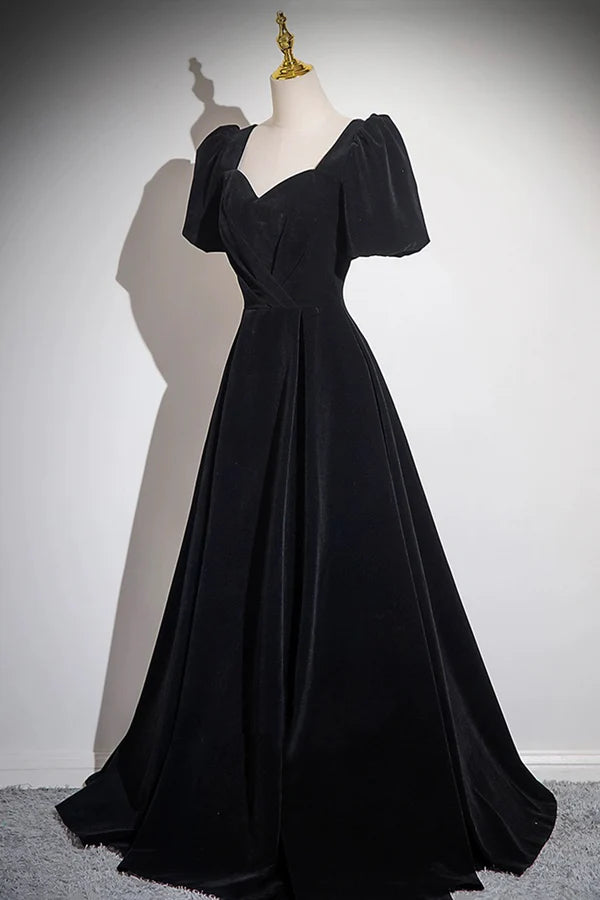 Wholesale Black Velvet Floor Length Prom Dress A-Line Short Sleeve Evening Party Dress