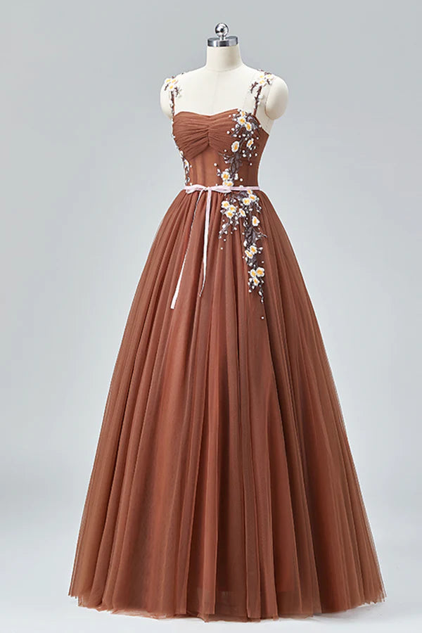 Wholesale Brown Tulle Lace Long Prom Dress Beautiful A-Line Spaghetti Strap Evening Party Dress