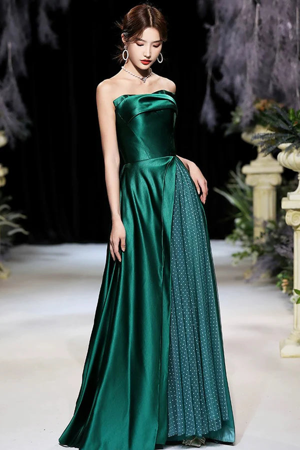 Wholesale Dark Green Satin Long Prom Dress Green A-Line Strapless Evening Dress