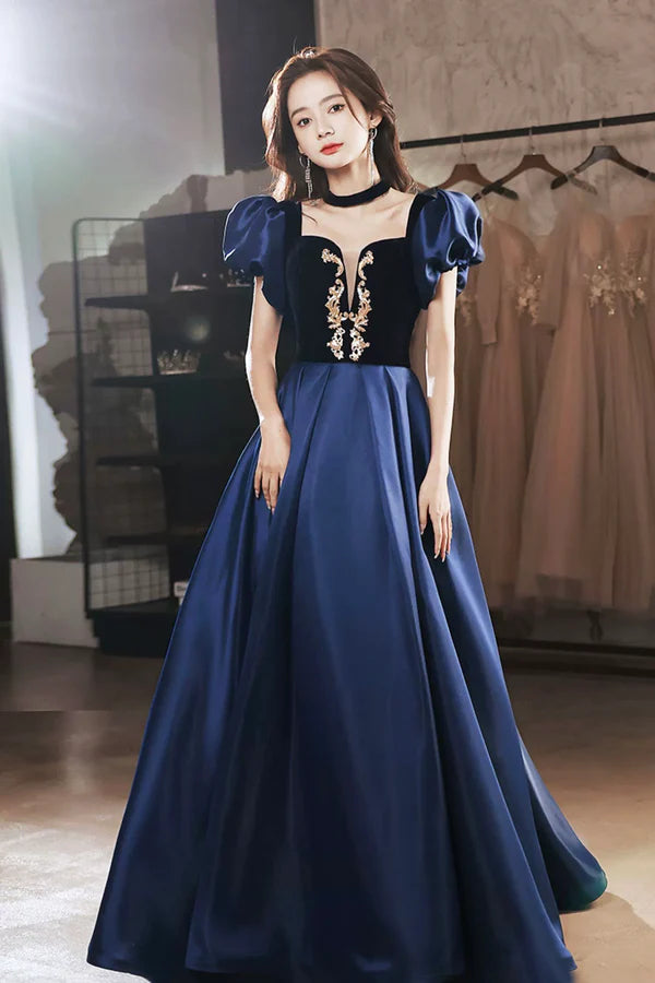 Wholesale Blue Velvet and Satin Floor Length Prom Dress Elegant Short Sleeve Evening Party Dress