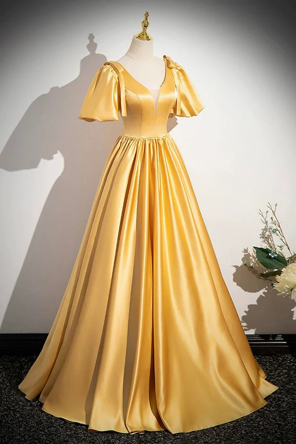Wholesale Yellow V-Neck Satin Long Prom Dress Yellow A-Line Short Sleeve Evening Dress
