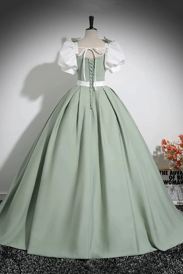 Wholesale White and Green Floor Length Prom Dress Lovely A-Line Short Sleeve Evening Party Dress