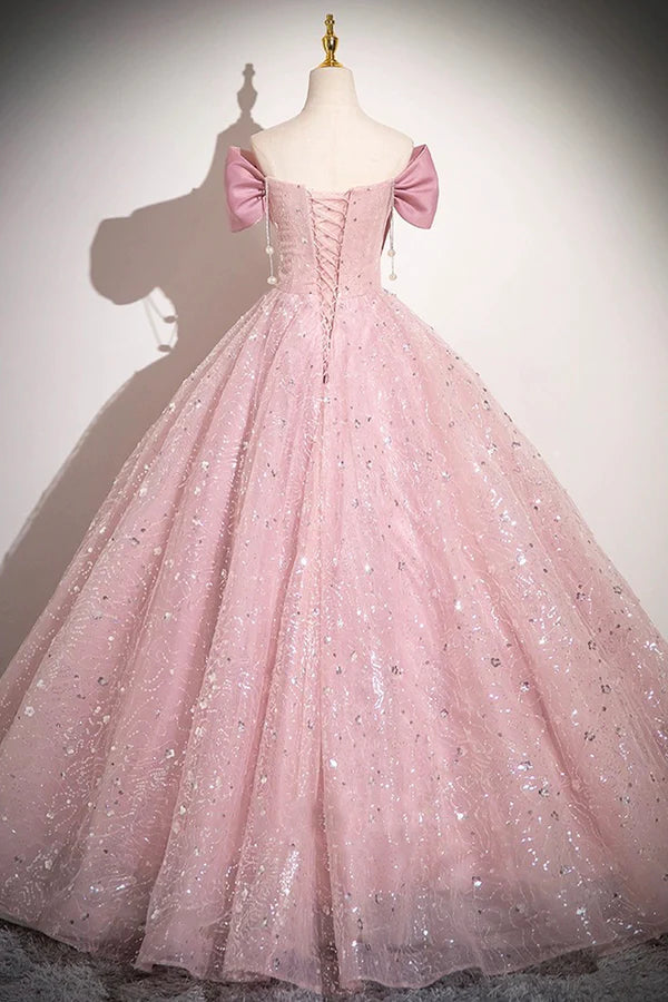 Wholesale Pink Tulle Sequins Long A-Line Prom Dress Pink Off Shoulder Evening Dress