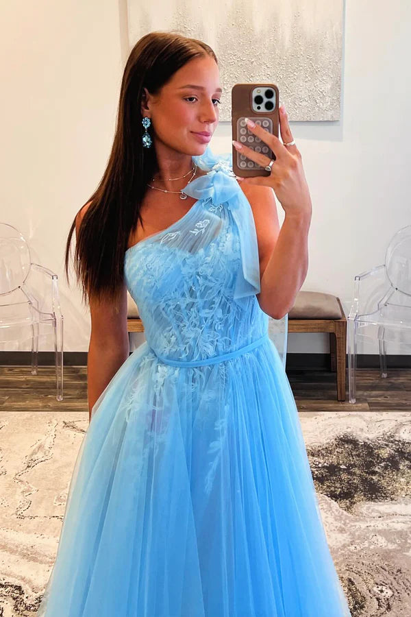 Wholesale Sky Blue Tull Lace Long Prom Dress Beautiful One Shoulder Evening Party Dress
