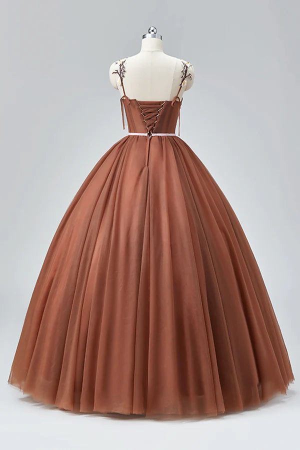 Wholesale Brown Tulle Lace Long Prom Dress Beautiful A-Line Spaghetti Strap Evening Party Dress