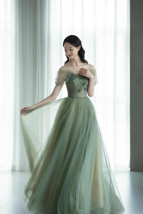 Wholesale Beautiful Tulle Flowers Long Prom Dress Green A-Line Formal Evening Dress
