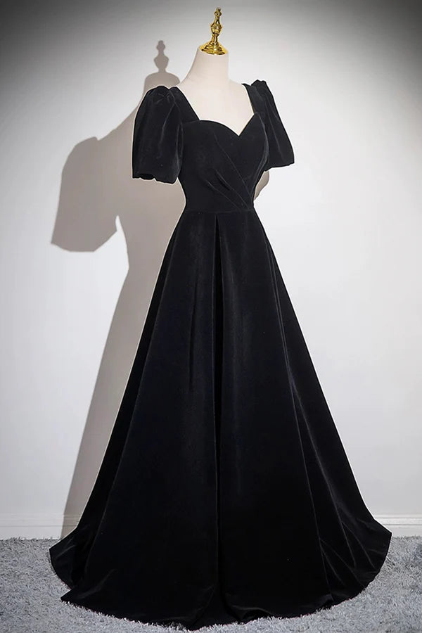 Wholesale Black Velvet Floor Length Prom Dress A-Line Short Sleeve Evening Party Dress