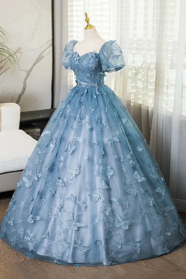Wholesale Blue Tulle Long A-Line Prom Dress with Butterfly Lace Beautiful Short Sleeve Evening Dress