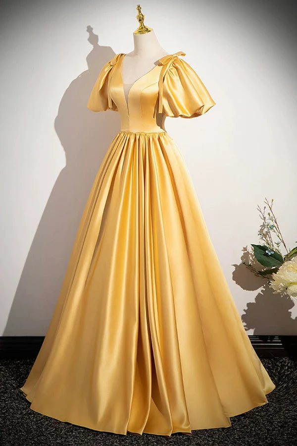 Wholesale Yellow V-Neck Satin Long Prom Dress Yellow A-Line Short Sleeve Evening Dress