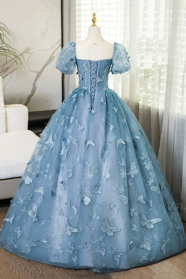 Wholesale Blue Tulle Long A-Line Prom Dress with Butterfly Lace Beautiful Short Sleeve Evening Dress