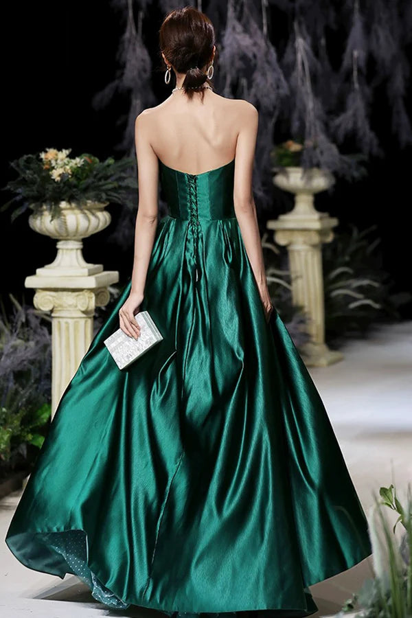 Wholesale Dark Green Satin Long Prom Dress Green A-Line Strapless Evening Dress
