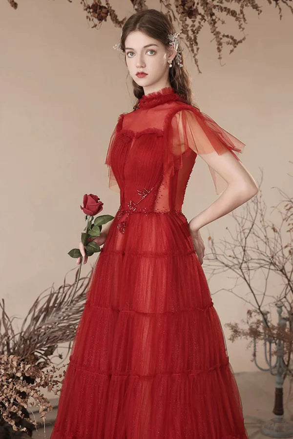 Wholesale Lovely Tulle Beaded Floor Length Prom Dress Beautiful Dark Red A-Line Evening Dress