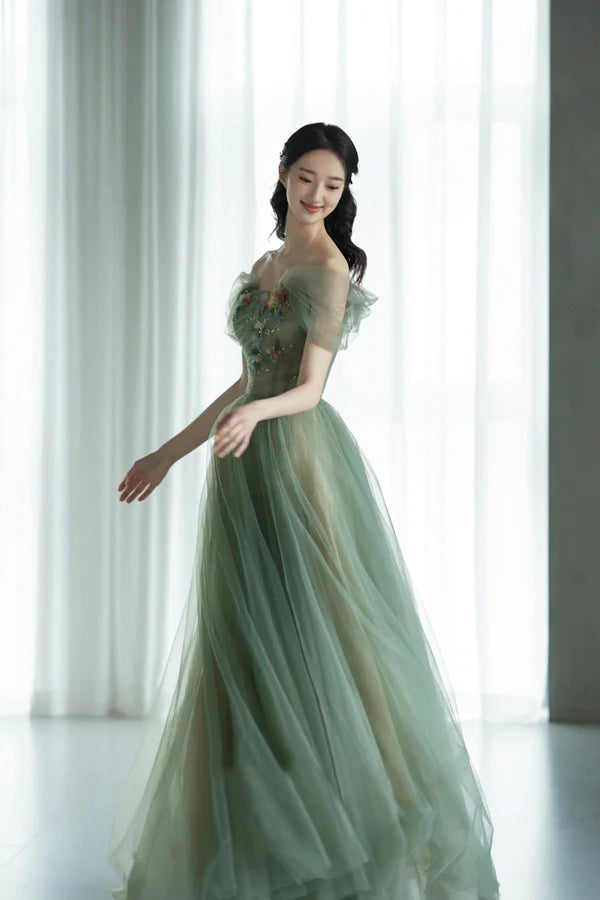 Wholesale Beautiful Tulle Flowers Long Prom Dress Green A-Line Formal Evening Dress