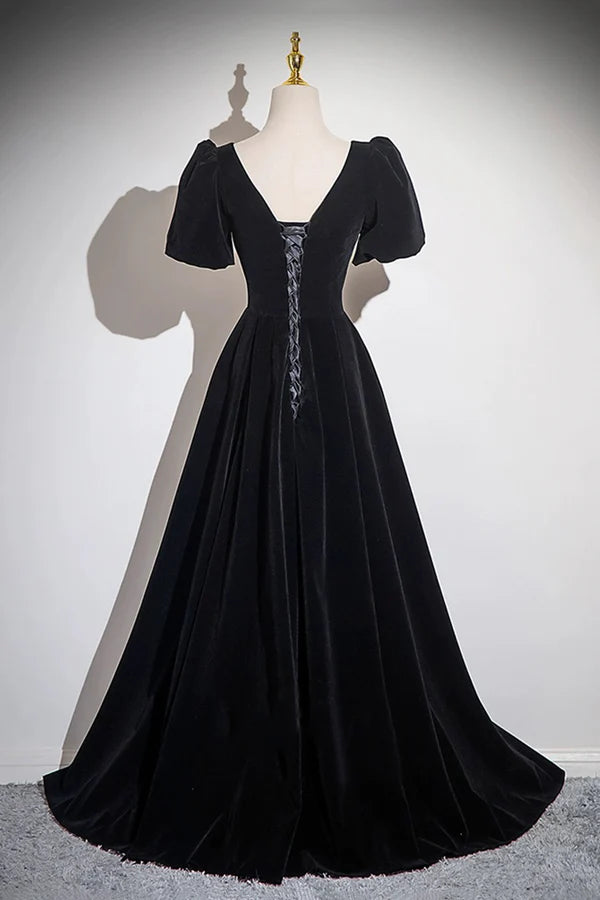 Wholesale Black Velvet Floor Length Prom Dress A-Line Short Sleeve Evening Party Dress