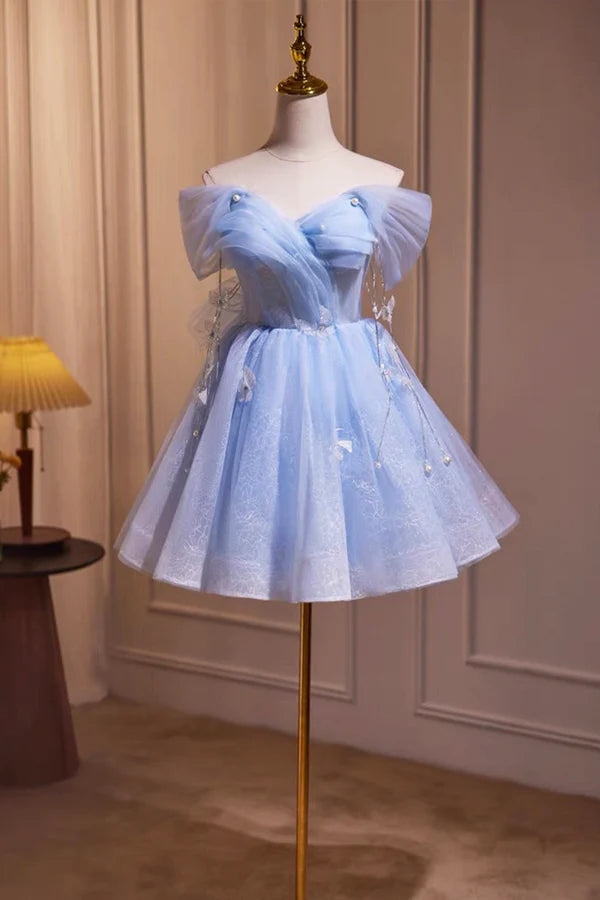Wholesale Blue Tulle Short Party Dress Lovely A-Line Off Shoulder Prom Dress